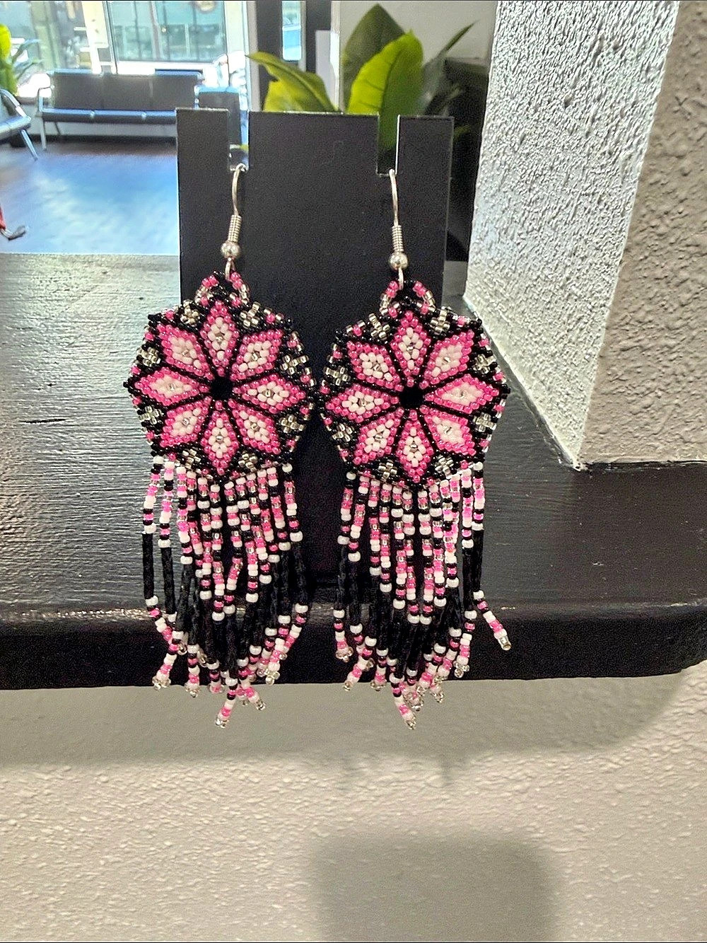 Pink & Black hand Beaded Fringe Earrings